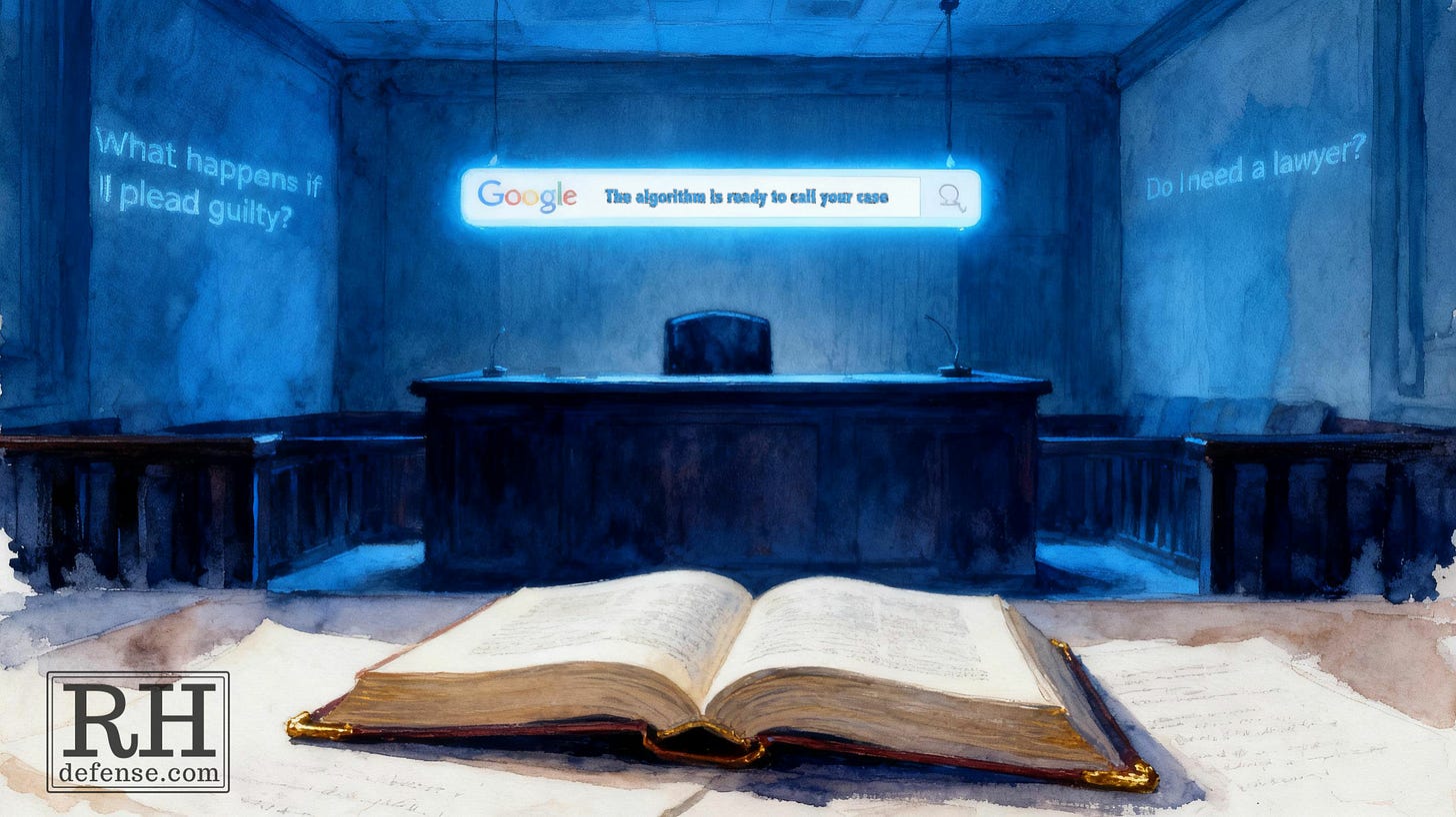 A courtroom bathed in cold blue light with a glowing Google search bar over the judge’s bench reading “The algorithm is ready to call your case,” symbolizing AI’s illusion of legal authority.