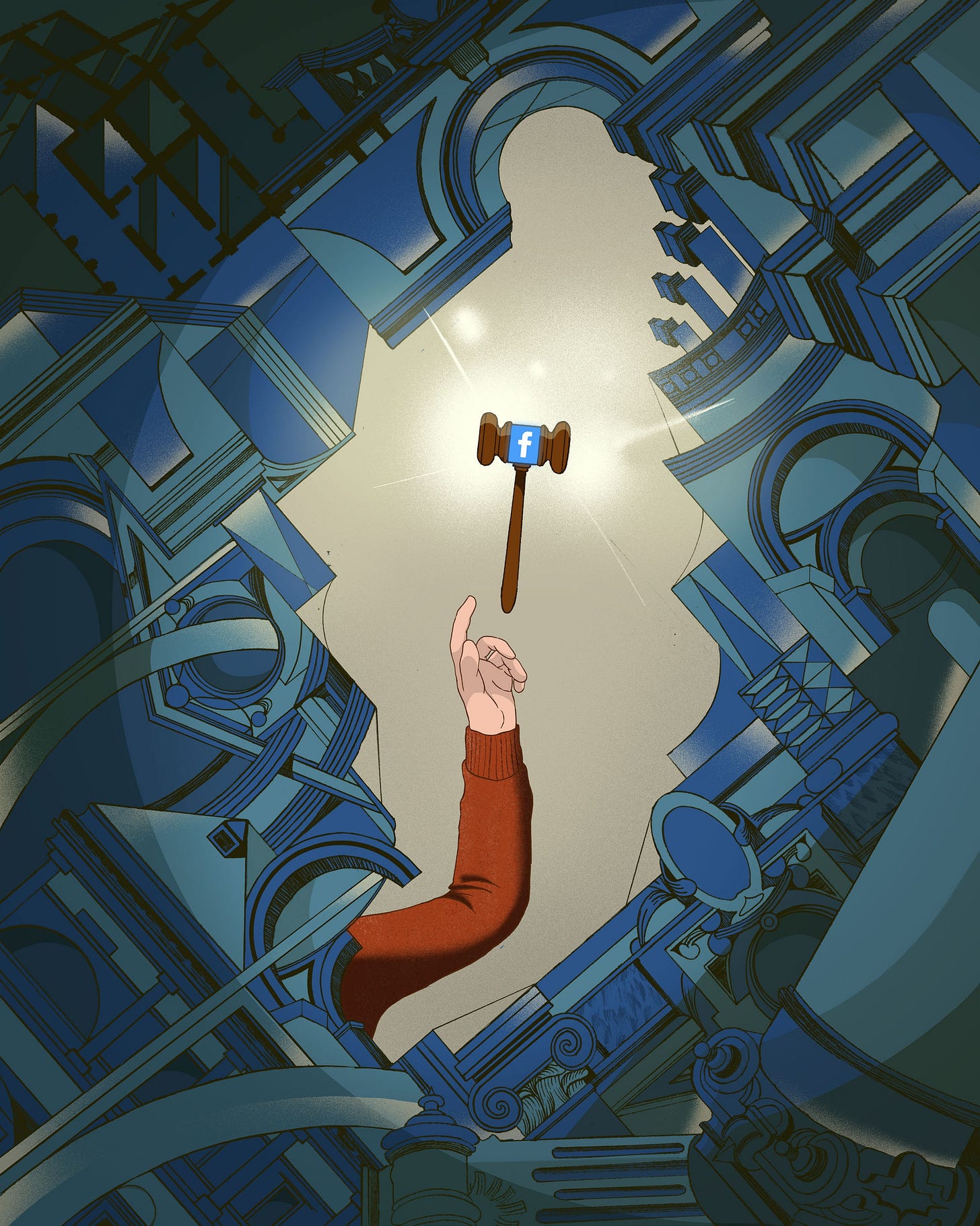 A hand reaching out to a gavel with a Facebook logo surrounded in an abstract architectural space.