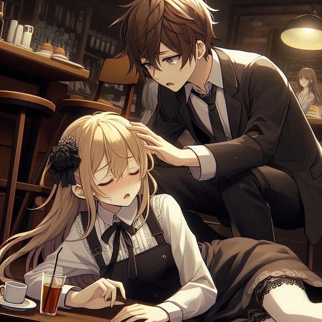 a blonde girl who has passed out whose eyes are closed and has fell to the ground of the cafe and a young man with brown hair checking on her. Anime art style dark.