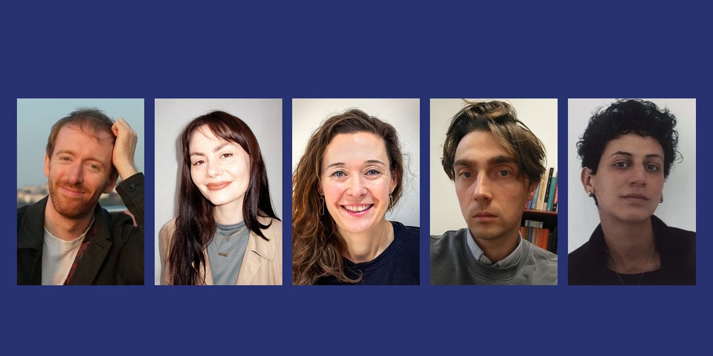 Photos of the five poets — James Appleby, Rachel Cleverly, Eve Ellis, Hugh Foley and Hasti
