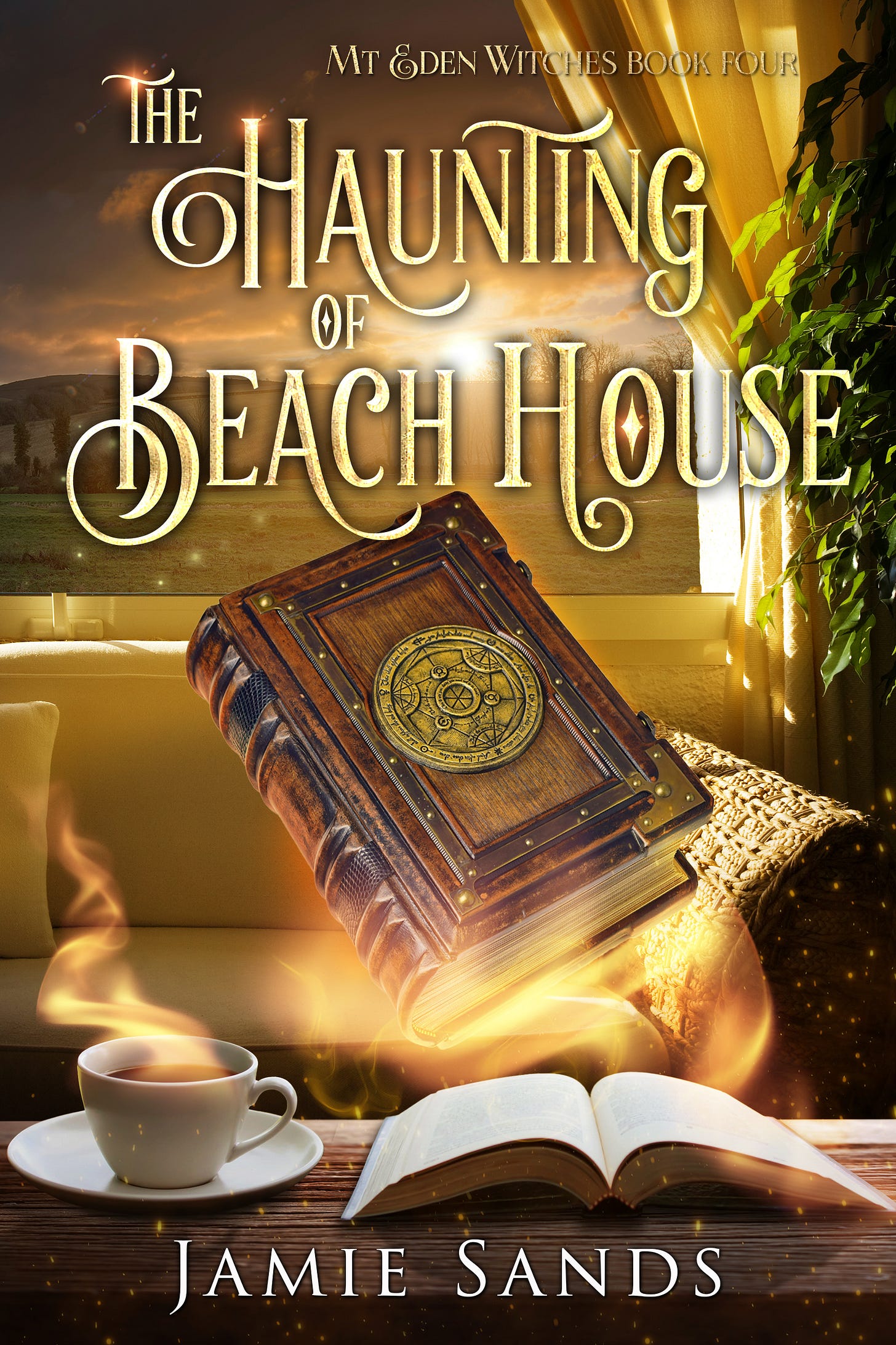 The Haunting of Beach House book cover glows in warm browns and golds, and shows a magical tome levitataing beside a cup of hot tea. The window behind shows a body of water and a bank or peninsula on the far side