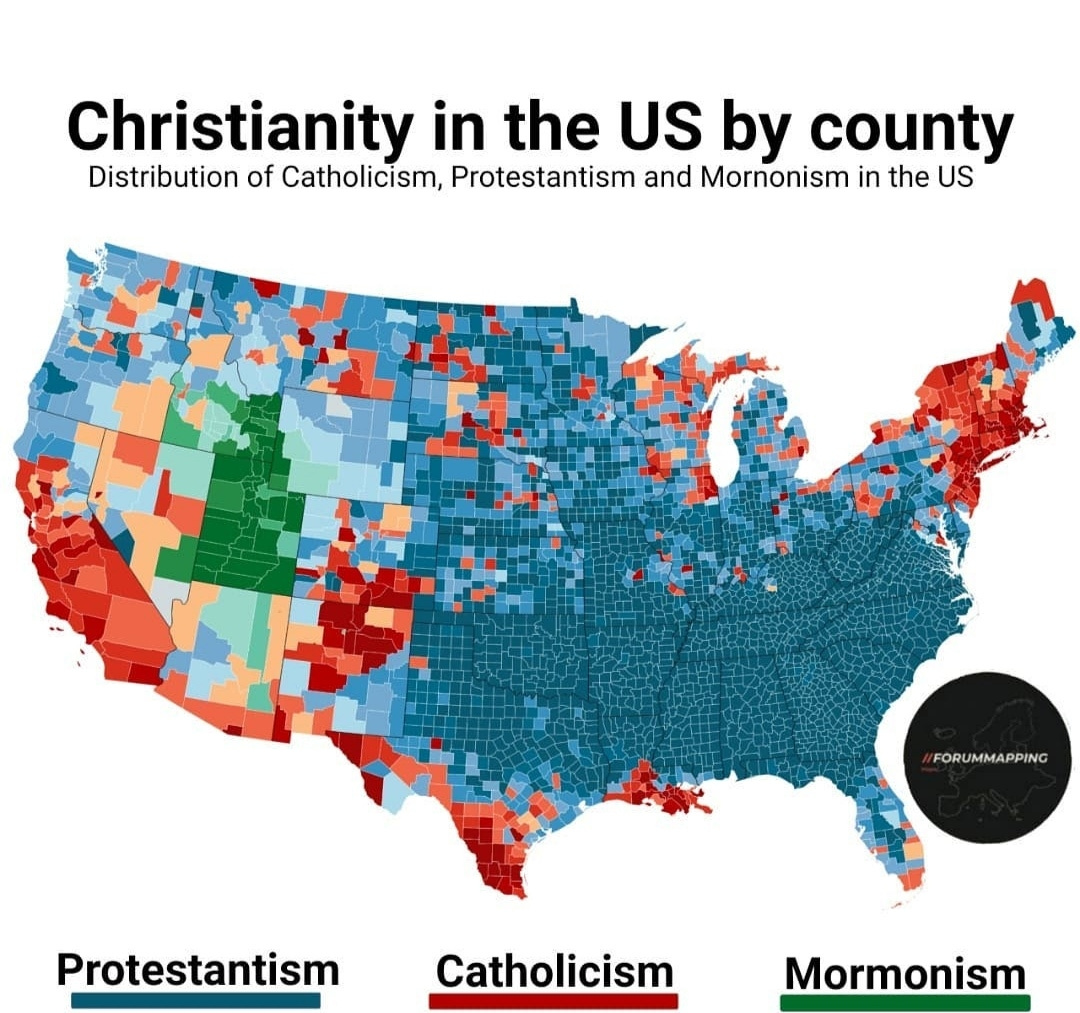 r/MapPorn - Christianity in the US by county Distribution of Catholicism, Protestantism and Mornonism in the US /FORUMMAPPING Protestantism Catholicism Mormonism