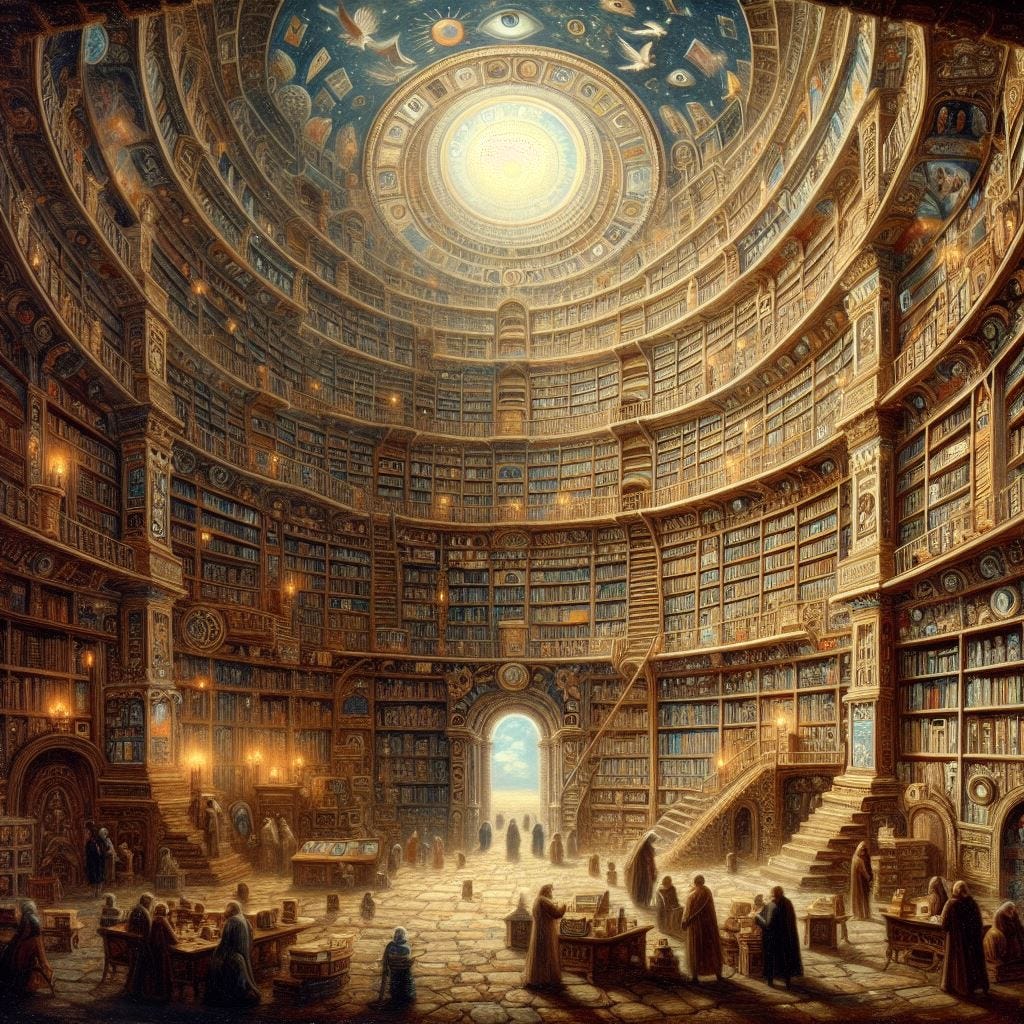 an image depicting the library of babel, From a hypothetical short story to a real website in under a century, the history and implications of the Library of Babel. painting