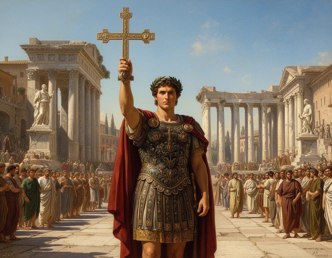 The emperor Constantine implimenting Christianity on the Roman Empire with a cross The emperor Constantine implimenting Christianity on the Roman Empire with a cross