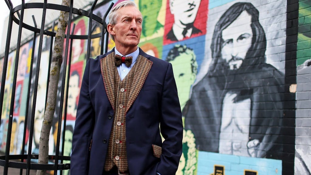 Former IRA hunger-striker, Laurence McKeown, wears clothes fashioned from a former prison blanket similar to the ones used by the prisoners known as the ‘Blanketmen’ who took part in the dirty protest in the Maze prison during the 1970s and 1980s. Photograph: Stephen Davison