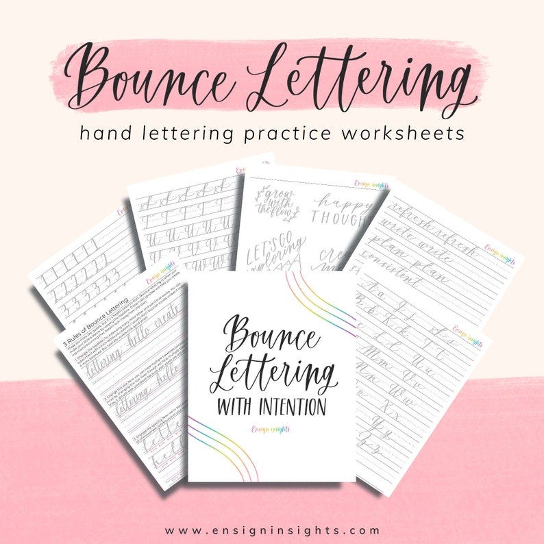 May include: A set of printable worksheets for practicing bounce lettering. The worksheets feature various words and phrases to practice, such as "grow with the flow", "happy thoughts", "let's go coloring", and "refresh refresh". The worksheets are designed to help improve handwriting and lettering skills.