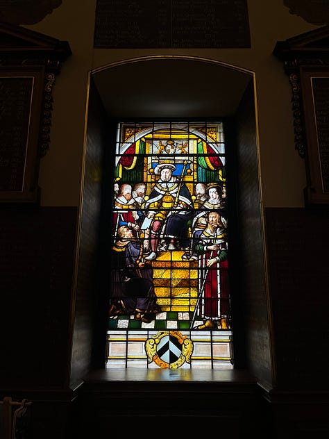 Portraits, stained glass, and a gilded plaster ceiling from the Great Hall at Barts North Wing.