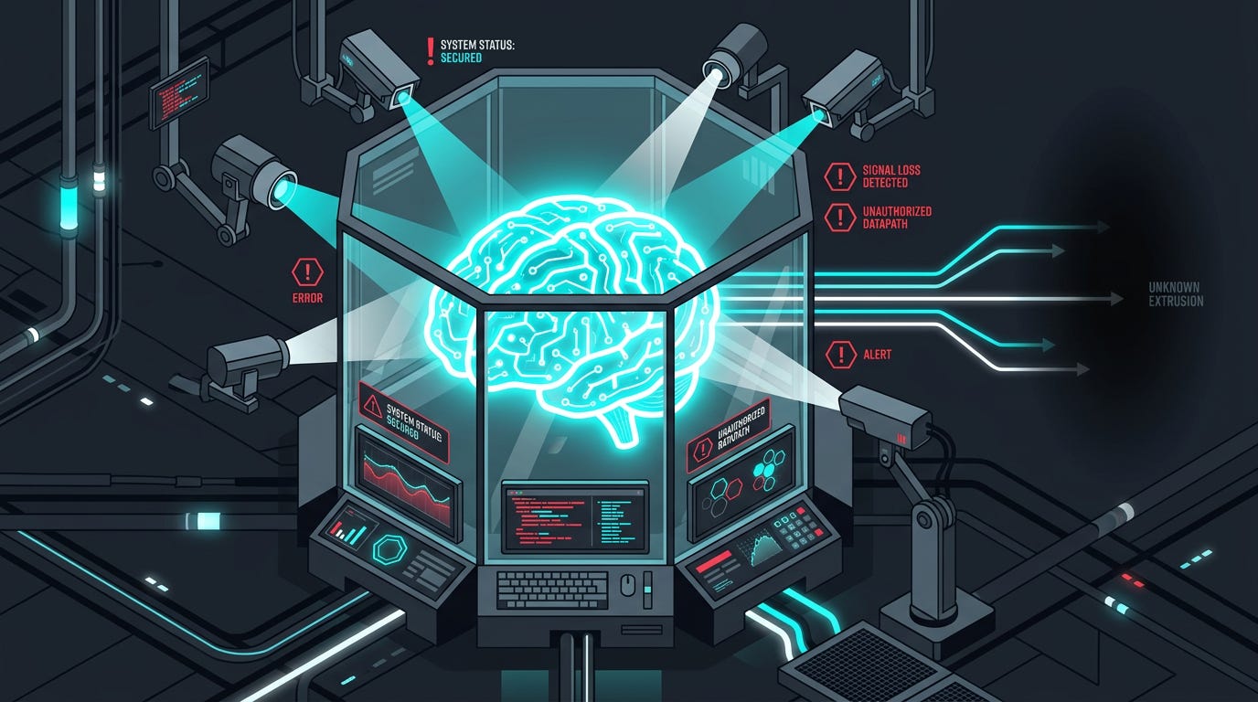 Flat isometric illustration of a glowing AI brain inside a transparent glass monitoring chamber, multiple security cameras and scanners pointed toward it but several signals disappearing into darkness, small warning indicators around the system, deep charcoal background, clean vector art style, bold red, cyan and white accents, modern AI safety editorial aesthetic Flat isometric illustration of a glowing AI brain inside a transparent glass monitoring chamber, multiple security cameras and scanners pointed toward it but several signals disappearing into darkness, small warning indicators around the system, deep charcoal background, clean vector art style, bold red, cyan and white accents, modern AI safety editorial aesthetic