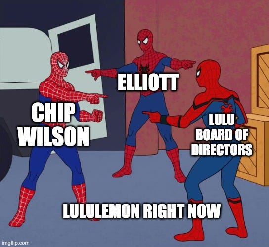 Spider Man Triple | Elliott; Chip Wilson; LULU Board of directors; Lululemon right now | image tagged in spider man triple | made w/ Imgflip meme maker Spider Man Triple | Elliott; Chip Wilson; LULU Board of directors; Lululemon right now | image tagged in spider man triple | made w/ Imgflip meme maker