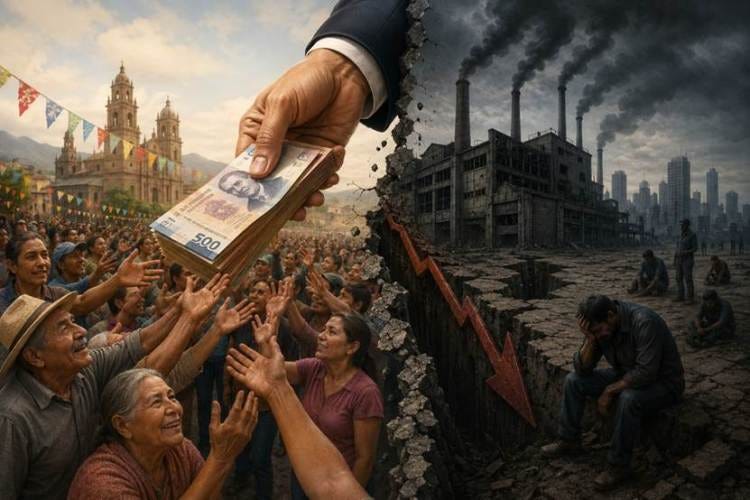 Una mano entrega billetes a una multitud entre celebraciones, contrastando con una escena de desolación industrial y pobreza.