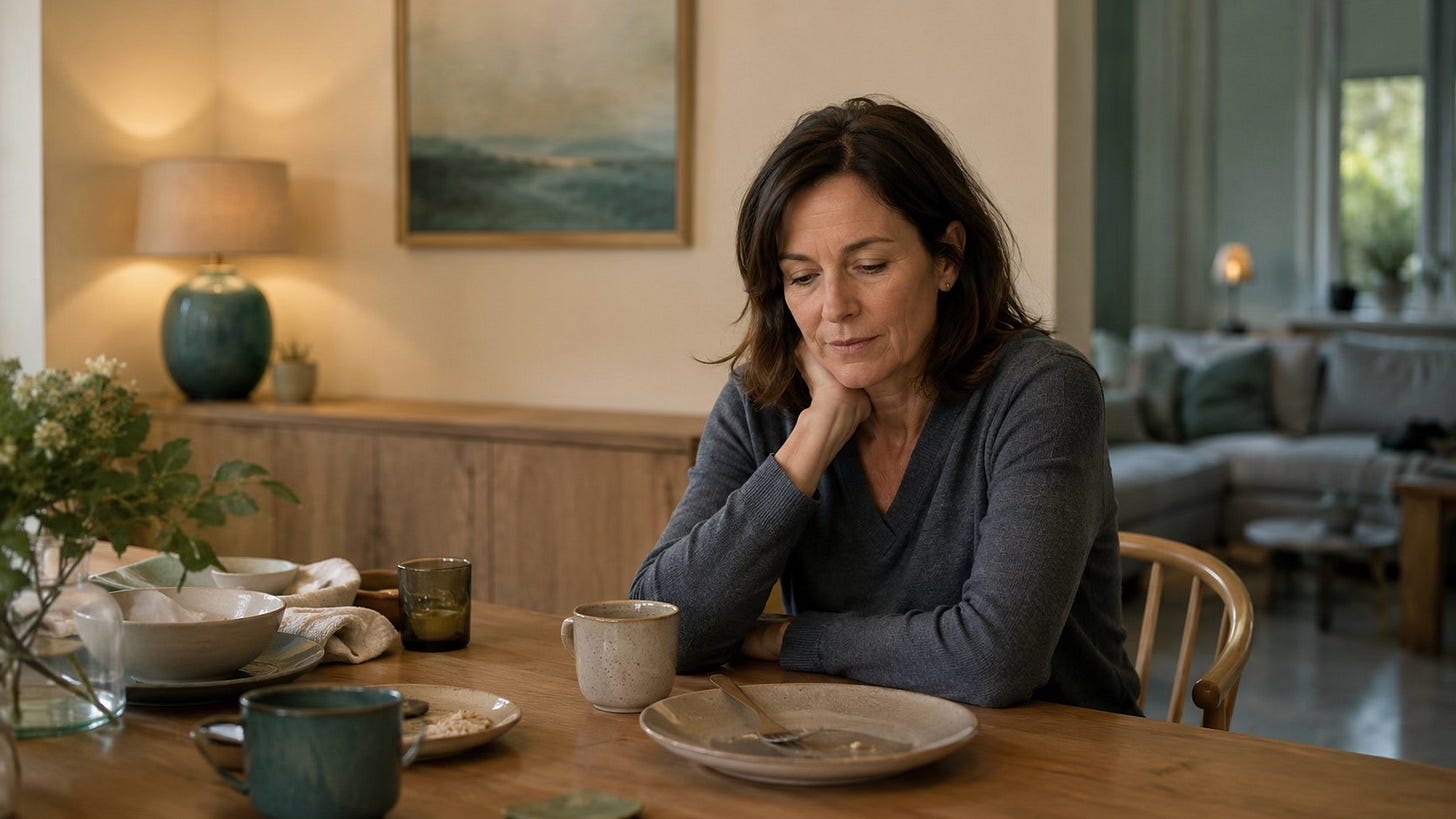 Midlife woman sitting quietly at a table after a social gathering, reflecting on people-pleasing and the cost of keeping the peace.