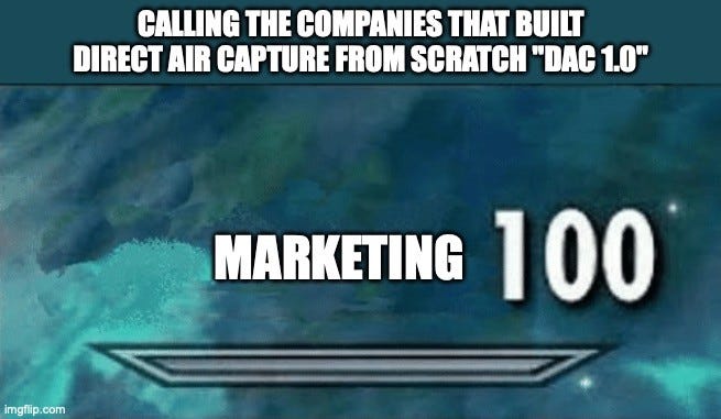 Caption: "CALLING THE COMPANIES THAT BUILT DIRECT AIR CAPTURE FROM SCRATCH 'DAC 1.0'". Below, a Skyrim skill level-up screen reads "MARKETING 100".