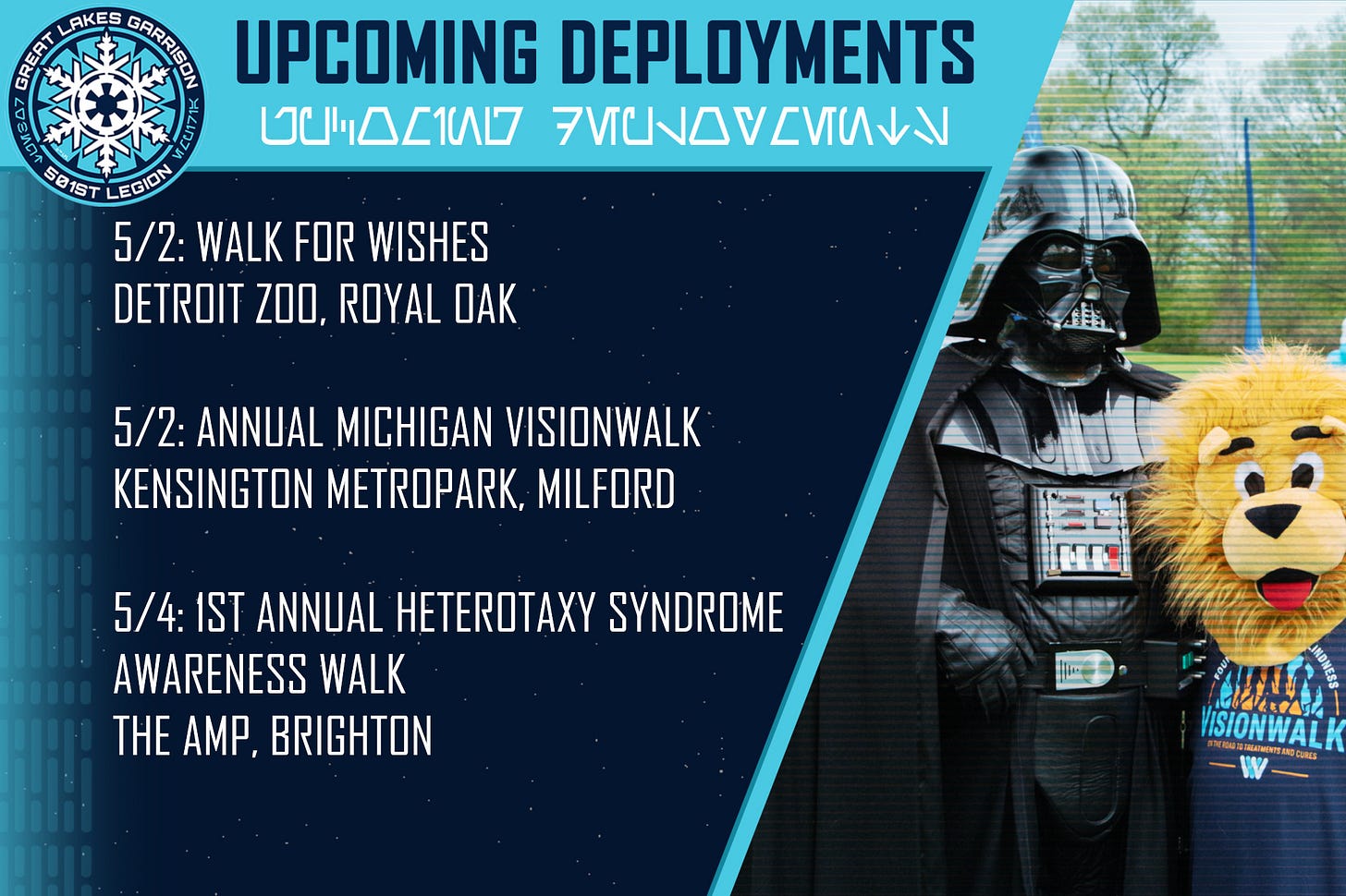 May be a graphic of text that says 'LAKES LAKES កាពសម្វី UPCOMING DEPLOYMENTS KAD መርረ14ለ7 ΔΕιΑΟΖ 7ΝΔ_.9 በርካ 501ST EGION 5/2: WALK FOR WISHES DETROIT ZOO, ROYAL OAK 經 5/2: ANNUAL MICHIGAN VISIONWALK KENSINGTON METROPARK, MILFORD 5/4: 1ST ANNUAL HETEROTAXY SYNDROME AWARENESS WALK HE AM, BRIGHTON ー VISIONWALK EEAT อ( จร'