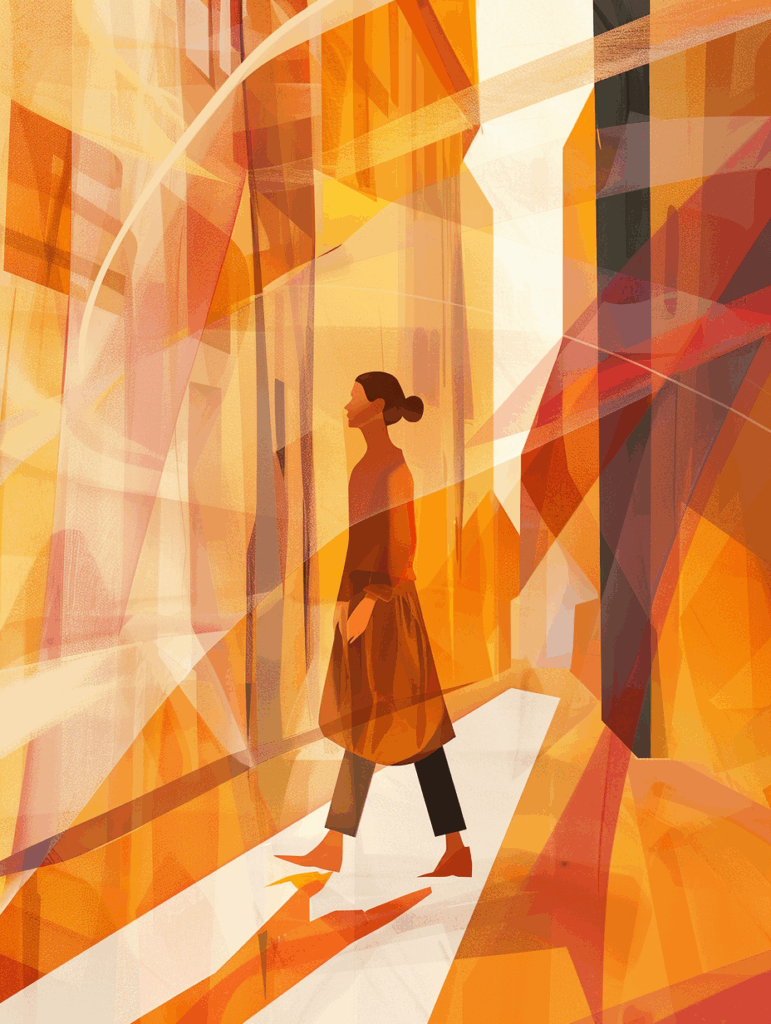 Digital editorial illustration of a confident midlife woman walking along a city street, surrounded by warm abstract golden tones, symbolising empowerment, renewal, and weight loss transformation after GLP-1s.