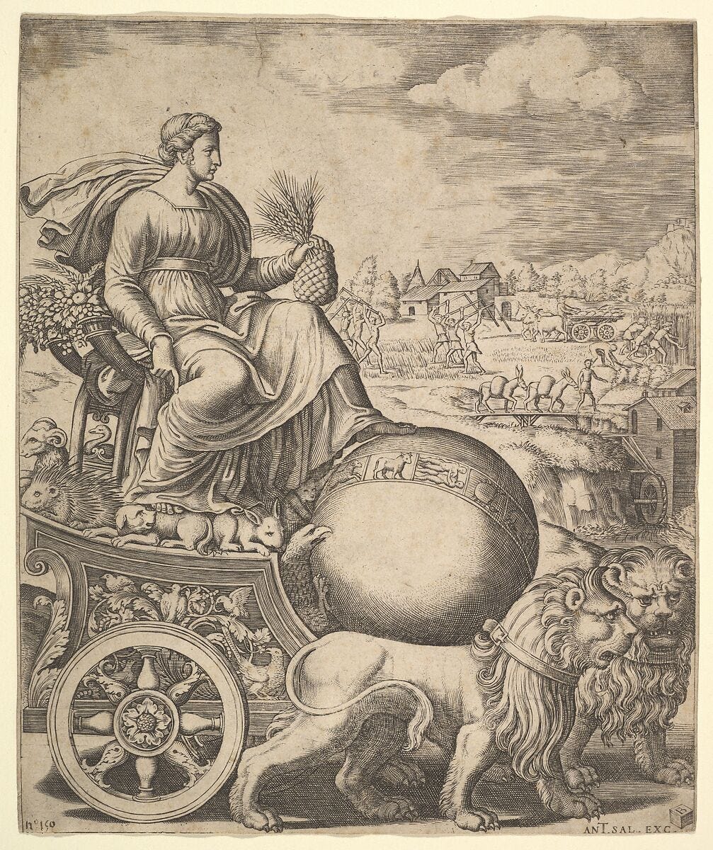 Cybele in her chariot drawn by two lions, Master of the Die (Italian, active Rome, ca. 1530–60), Engraving Cybele in her chariot drawn by two lions, Master of the Die (Italian, active Rome, ca. 1530–60), Engraving