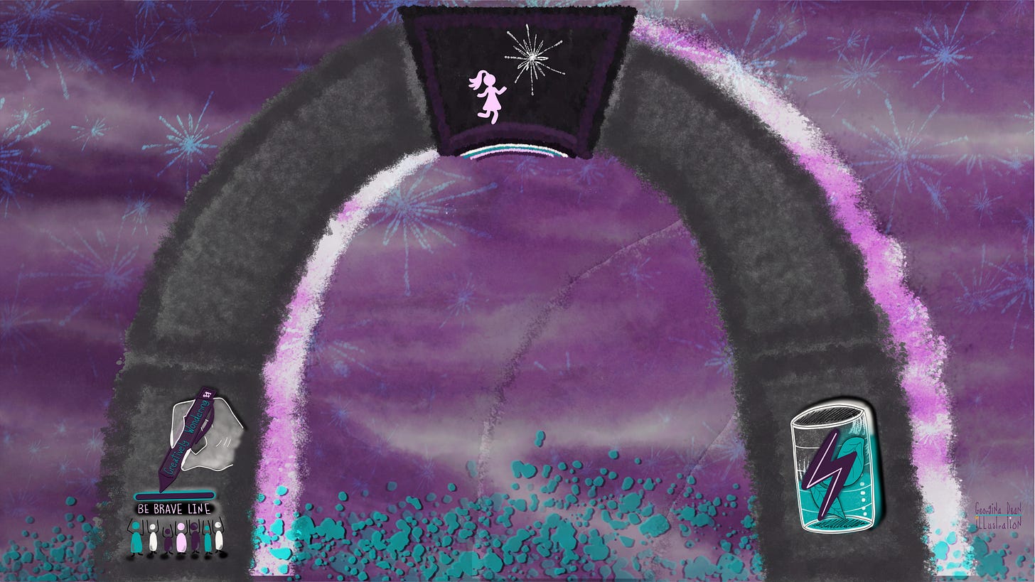 The second iteration of the "Core Values" sketchnote, with the first two value icons added to the base of the arch: "Courageous Co-Creation" and "Championing Well-being."