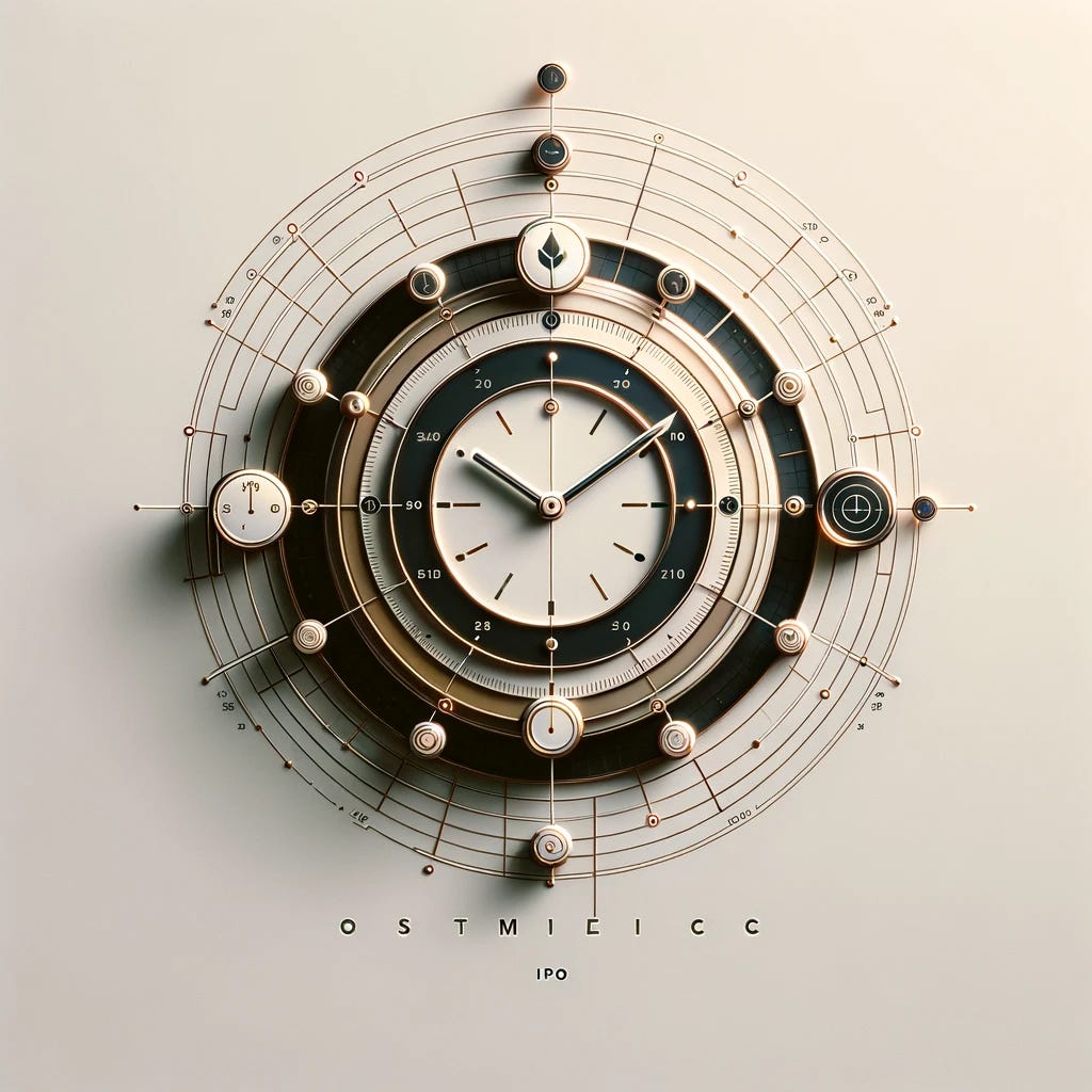 Create a clean, aesthetic, and eye-pleasing image that represents the concept of strategic timing for IPOs. The image should feature a minimalist design of a sophisticated clock or a sleek calendar, with elements highlighted to signify the optimal moment for a company to launch its IPO. Use a harmonious and appealing color scheme to emphasize the importance of precision and the opportunity in selecting the right time for an IPO.