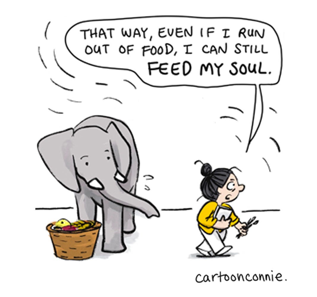 Panel 6 of a 6-panel comic about the weird things we stock up on in times of uncertainty and scarcity. The panels illustrate a cartoon girl with a bun talking to an elephant about insecurity leading to an impulse to panic-buy strange things. Titled "The Things We Stock Up On," 2026, by Connie Sun, cartoonconnie. Panel 6 of a 6-panel comic about the weird things we stock up on in times of uncertainty and scarcity. The panels illustrate a cartoon girl with a bun talking to an elephant about insecurity leading to an impulse to panic-buy strange things. Titled "The Things We Stock Up On," 2026, by Connie Sun, cartoonconnie.