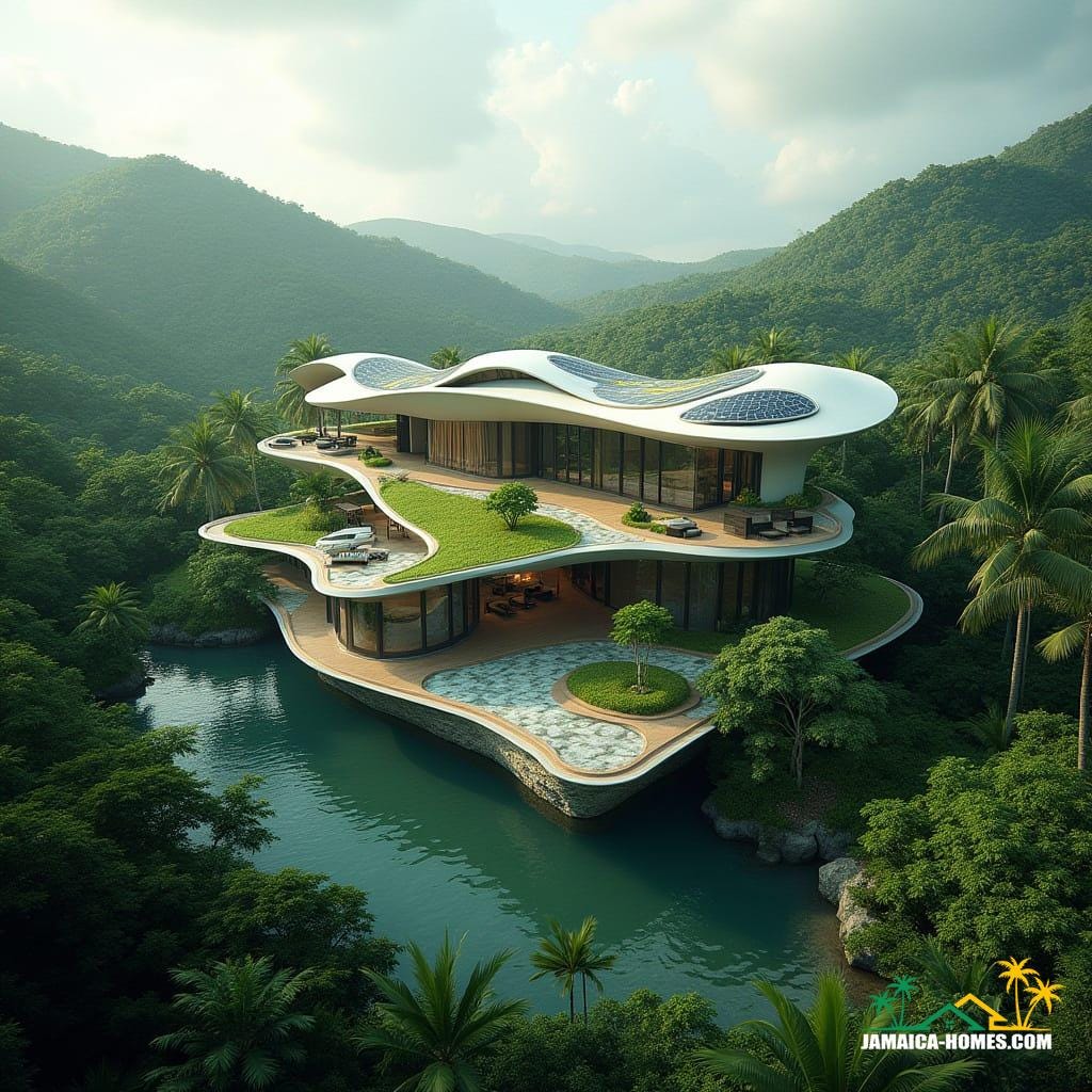 A futuristic Jamaican eco-villa nestled within a lush tropical landscape, exemplifying advanced AI technology and sustainable design. The villa boasts a dynamic, organic shape mimicking natural forms, constructed from 3D-printed local resources, featuring translucent solar glass panels and green roofing for peak energy efficiency and environmental symbiosis. Cinematic film still, shot on v-raptor XL, film grain, vignette, color graded, post-processed, cinematic lighting, 35mm film, live-action, best quality, atmospheric, a masterpiece, epic, stunning, dramatic.
