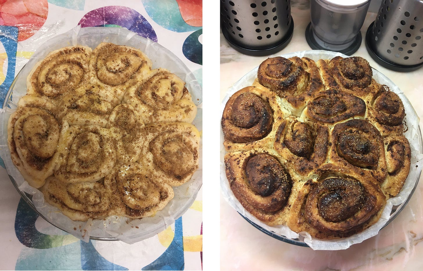 um tabuleiro com cinnamon rolls antes e depois de irem ao forno um tabuleiro com cinnamon rolls antes e depois de irem ao forno