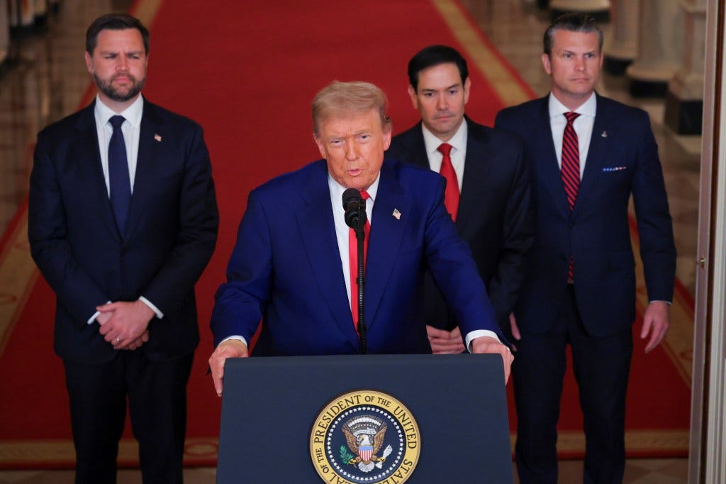 President Trump speaking in the White House after announcing his that the US has bombed three nuclear facilities in Iran on June 21, 2025.