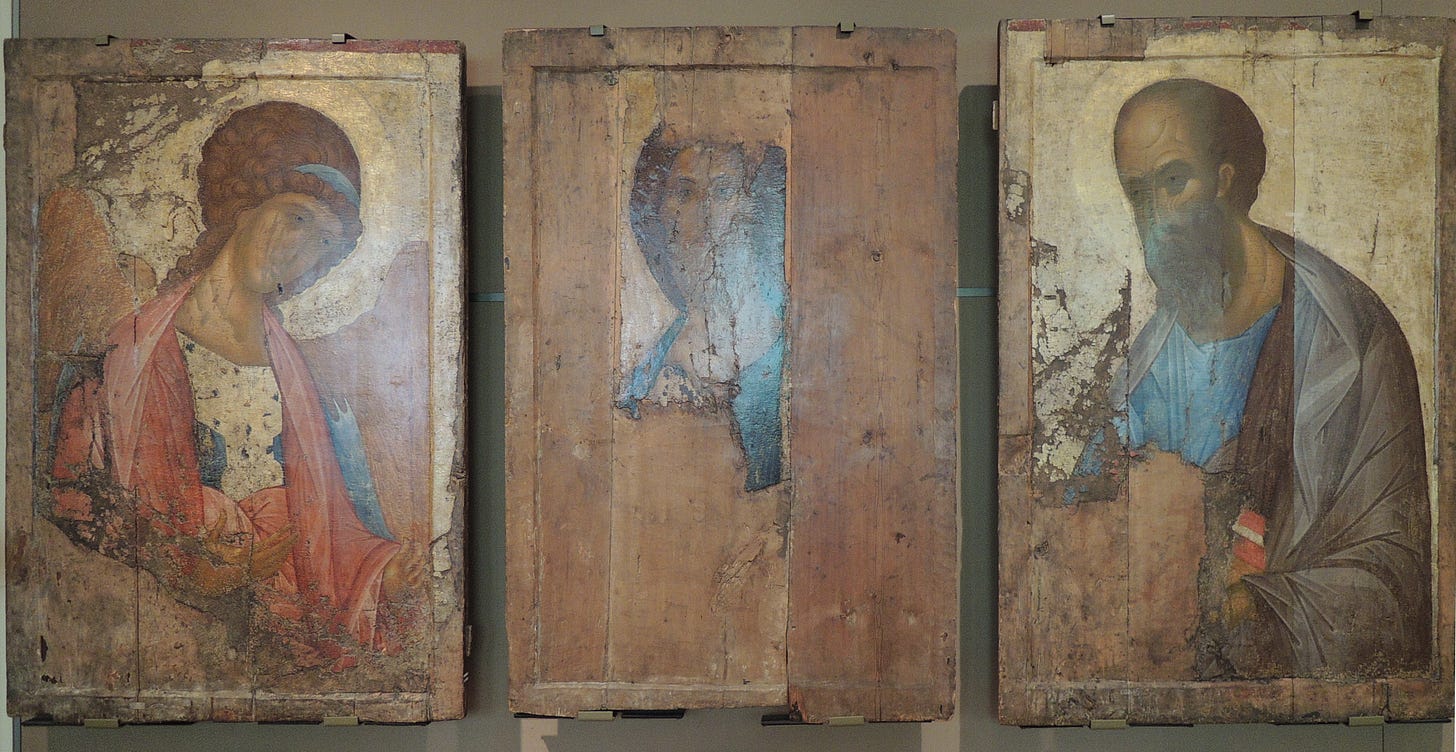 The Deesis of Zvenigorod, three icons attributed to Andrei Rublev, Christ, Archangel Michael and Apostle Paul, Tretyakov Gallery The Deesis of Zvenigorod, three icons attributed to Andrei Rublev, Christ, Archangel Michael and Apostle Paul, Tretyakov Gallery