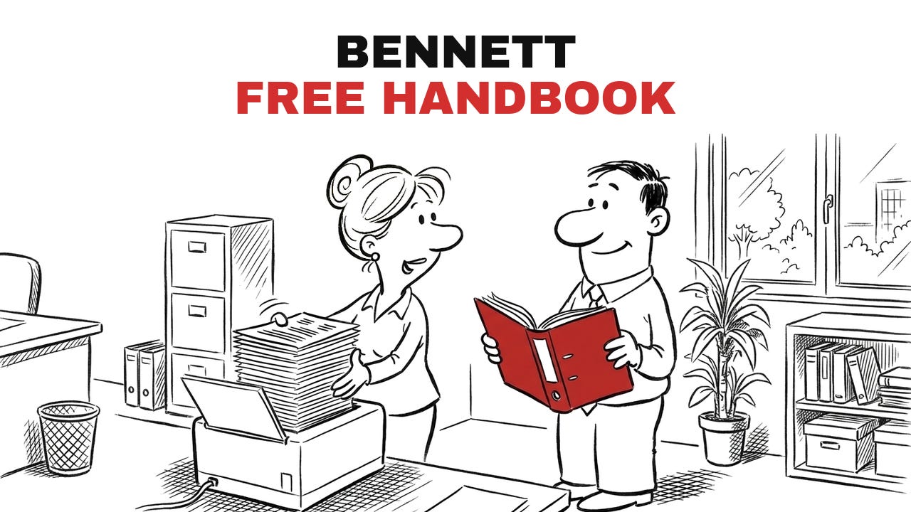 Cartoon: a student lifts a tall stack of printed pages from an office printer while the mentor holds a red ring binder, titled Bennett, Free Handbook. Cartoon: a student lifts a tall stack of printed pages from an office printer while the mentor holds a red ring binder, titled Bennett, Free Handbook.