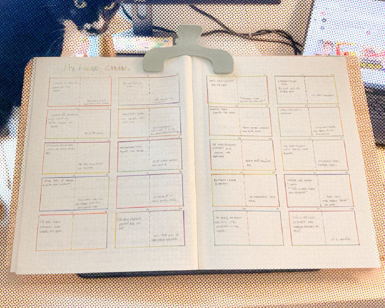 A notebook is open. On the pages there are retangular 10 retangules per page, each representing an open page in a picture book. There are writings inside of each retangule. Behind the notebook a black and white cat looks at you. 