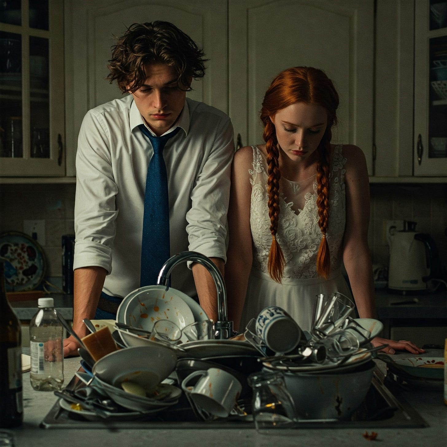 A person and person standing in a kitchen with a pile of dishes

Description automatically generated
