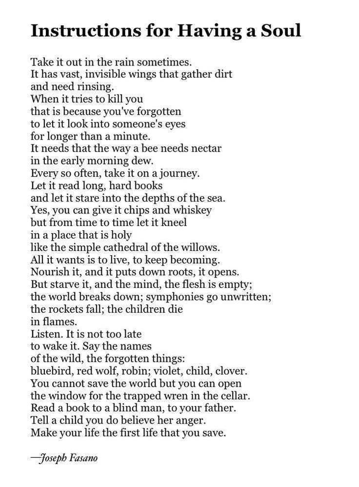 This may contain: a poem written in black and white with the words instructions for having a soul on it