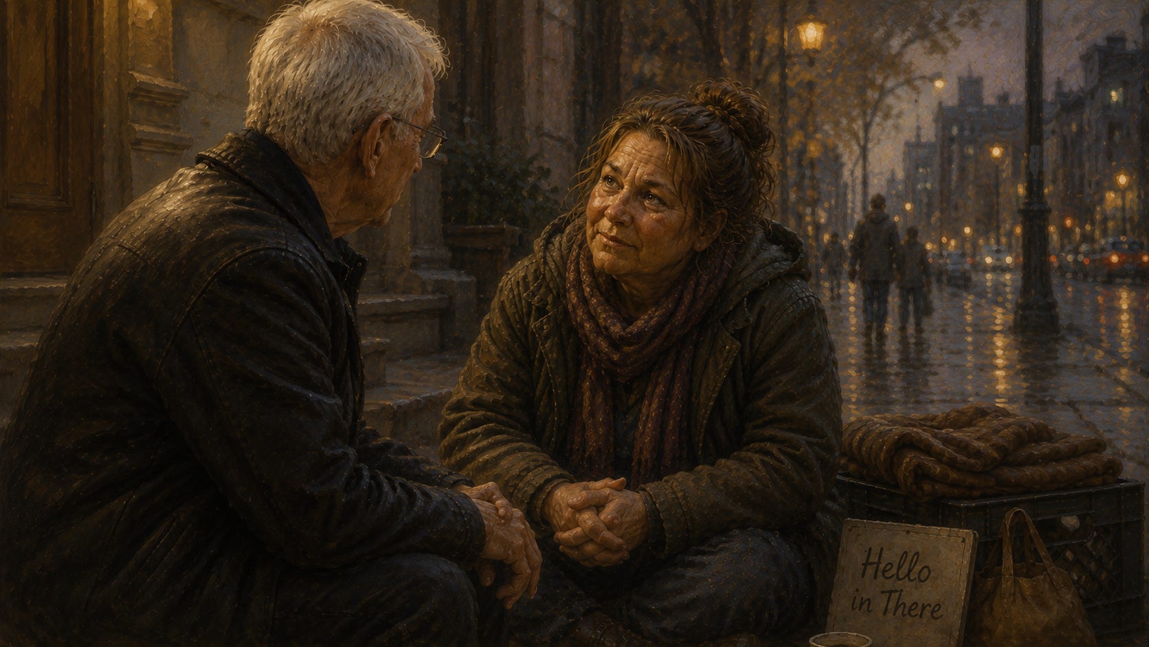 Deacon listens to woman during compassionate sidewalk conversation at dusk.