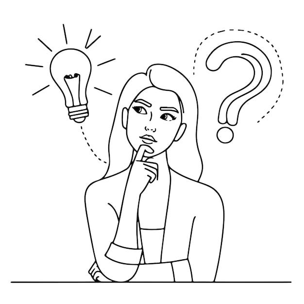 Minimalist line art woman thinking with idea light bulb and question marks problem solving concept | Premium Vector Minimalist line art woman thinking with idea light bulb and question marks problem solving concept | Premium Vector