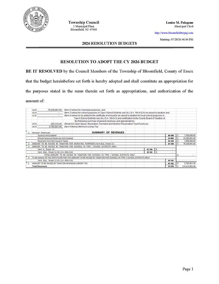 screenshot of the resolution to adopt 2026 budget