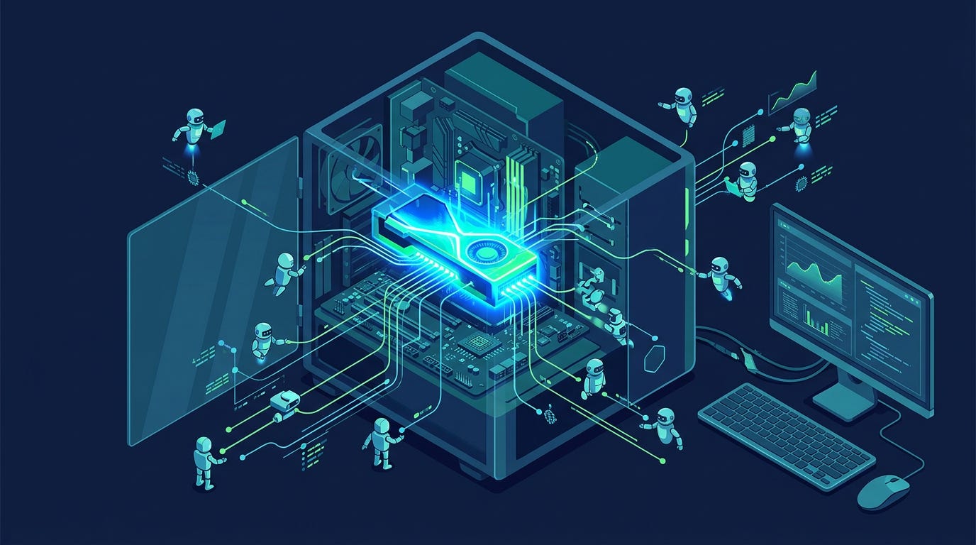 Flat isometric illustration of a desktop computer with its side panel open revealing a glowing GPU powering dozens of tiny autonomous robot assistants connected by floating workflow lines, dark navy background, clean vector art style, electric blue and green color palette, modern AI infrastructure editorial aesthetic Flat isometric illustration of a desktop computer with its side panel open revealing a glowing GPU powering dozens of tiny autonomous robot assistants connected by floating workflow lines, dark navy background, clean vector art style, electric blue and green color palette, modern AI infrastructure editorial aesthetic