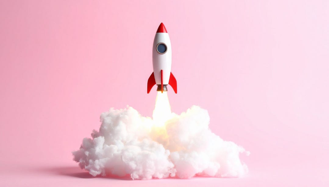 A small red-and-white rocket lifts off through a cloud of white smoke against a soft pink background signifying starting a business. A small red-and-white rocket lifts off through a cloud of white smoke against a soft pink background signifying starting a business.