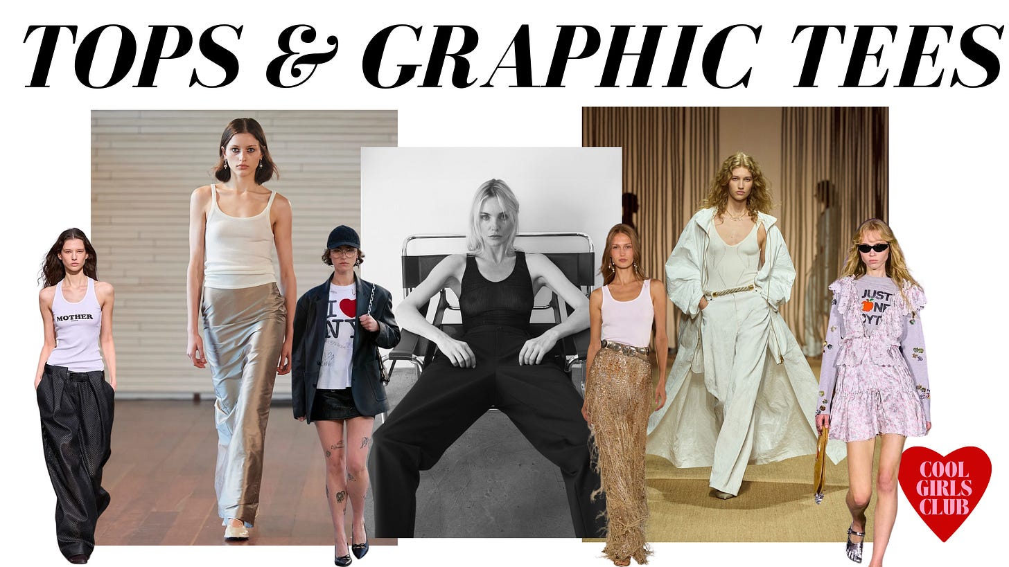 3- Tops & Graphic Tees – The Effortless Staples Is this really a trend? Well, not a new one, that’s for sure. But with the minimalist approach to fashion making a comeback (often tied to global financial crises), basic graphic tees and classic tanks are making a strong statement this season. Whether you opt for a sleek ribbed tank, a vintage-inspired slogan tee, or a slouchy oversized graphic top, these pieces are the ultimate foundation for a cool-girl, off-duty look. This trend is all about contrast—pair a basic white tank with a metallic or statement skirt, throw a blazer over a bold tee, or style a grunge-inspired graphic top with feminine ruffles for that perfect mix of edgy and chic. The key? Keep it effortless, yet intentional. 3- Tops & Graphic Tees – The Effortless Staples Is this really a trend? Well, not a new one, that’s for sure. But with the minimalist approach to fashion making a comeback (often tied to global financial crises), basic graphic tees and classic tanks are making a strong statement this season. Whether you opt for a sleek ribbed tank, a vintage-inspired slogan tee, or a slouchy oversized graphic top, these pieces are the ultimate foundation for a cool-girl, off-duty look. This trend is all about contrast—pair a basic white tank with a metallic or statement skirt, throw a blazer over a bold tee, or style a grunge-inspired graphic top with feminine ruffles for that perfect mix of edgy and chic. The key? Keep it effortless, yet intentional.