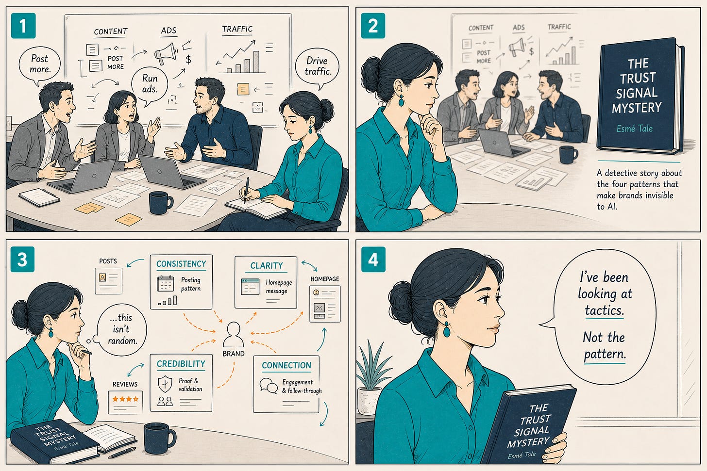 Four panel illustration for The Trust Signal Mystery by Esme Tale — a B2B team debates tactics while one person discovers the book revealing four trust signal patterns of consistency clarity credibility and connection that make brands invisible to AI. Four panel illustration for The Trust Signal Mystery by Esme Tale — a B2B team debates tactics while one person discovers the book revealing four trust signal patterns of consistency clarity credibility and connection that make brands invisible to AI.