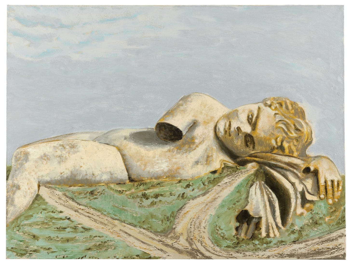 pintura à óleo de lugar aberto. céu nublado. uma colina de grama verde tem o topo coberto pelo corpo de uma criança loira gigante nua, cujo braço direito está sobre a barriga e cortado pela metade, tipo a estatua da vênus de milo. há duas estradas na colina que acabam no corpo da criançona. seu ouvido esquerdo está repousando de lado no solo, bem na entrada de uma espécie de caverna na colina.