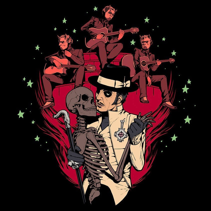Man in hat and skeleton embrace in foreground. Three figures with guitars sit on red background. Stars scattered on black backdrop. Man in hat and skeleton embrace in foreground. Three figures with guitars sit on red background. Stars scattered on black backdrop.