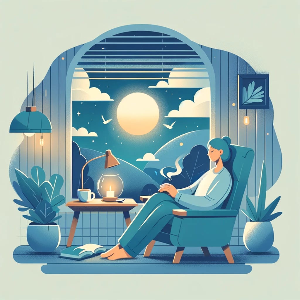 A peaceful illustration showing a person sitting in a cozy chair, eyes closed in relaxation, in a tranquil indoor setting.