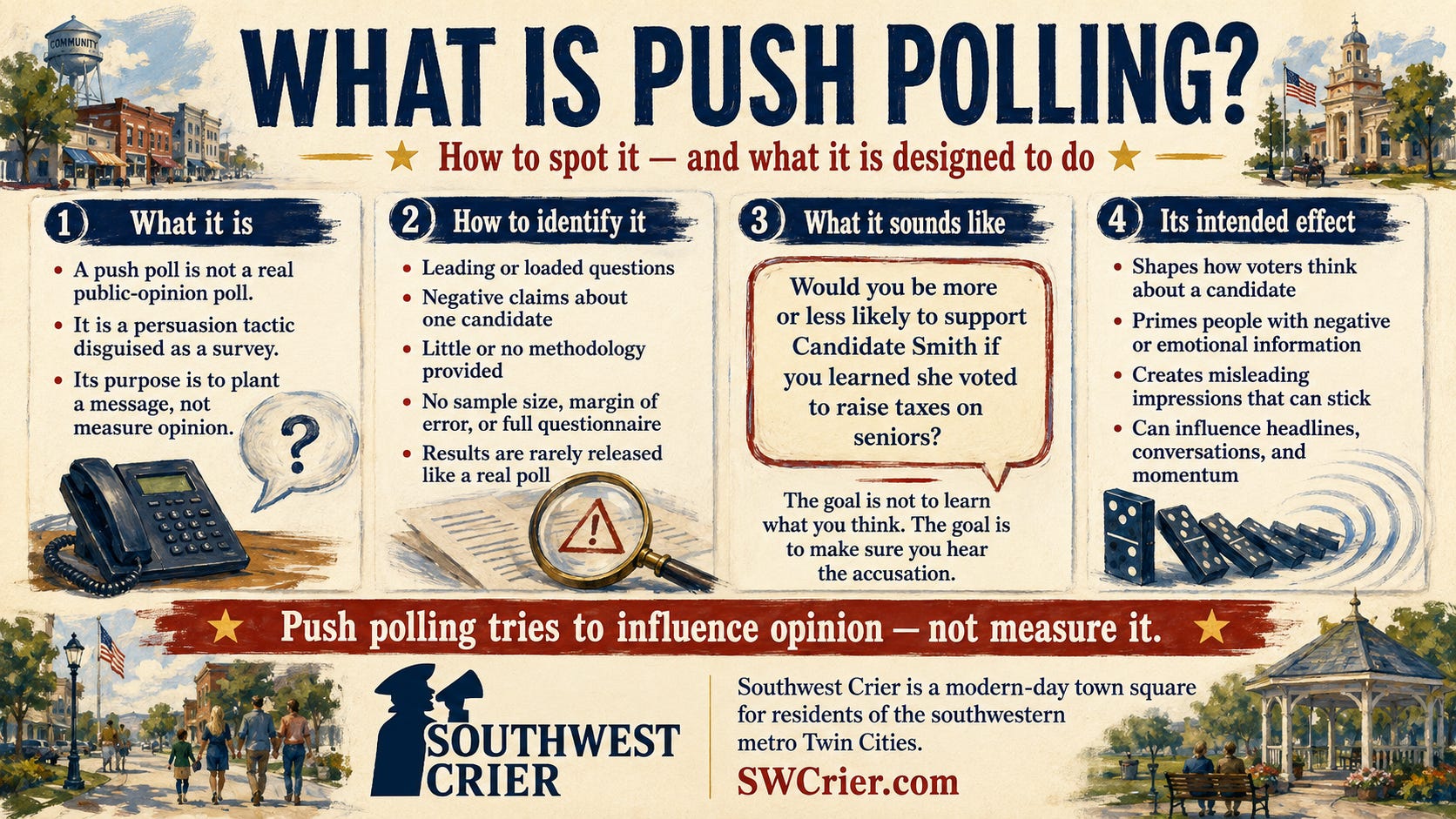 Painterly Southwest Crier infographic titled 'What Is Push Polling?' explaining that push polls are persuasion tactics disguised as surveys, with warning signs including loaded questions, negative claims about one candidate, missing methodology, and no sample size or margin of error. The graphic shows a fictional example question and explains that the intended effect is to plant negative impressions, shape voter perceptions, and manufacture momentum rather than measure public opinion. Painterly Southwest Crier infographic titled 'What Is Push Polling?' explaining that push polls are persuasion tactics disguised as surveys, with warning signs including loaded questions, negative claims about one candidate, missing methodology, and no sample size or margin of error. The graphic shows a fictional example question and explains that the intended effect is to plant negative impressions, shape voter perceptions, and manufacture momentum rather than measure public opinion.
