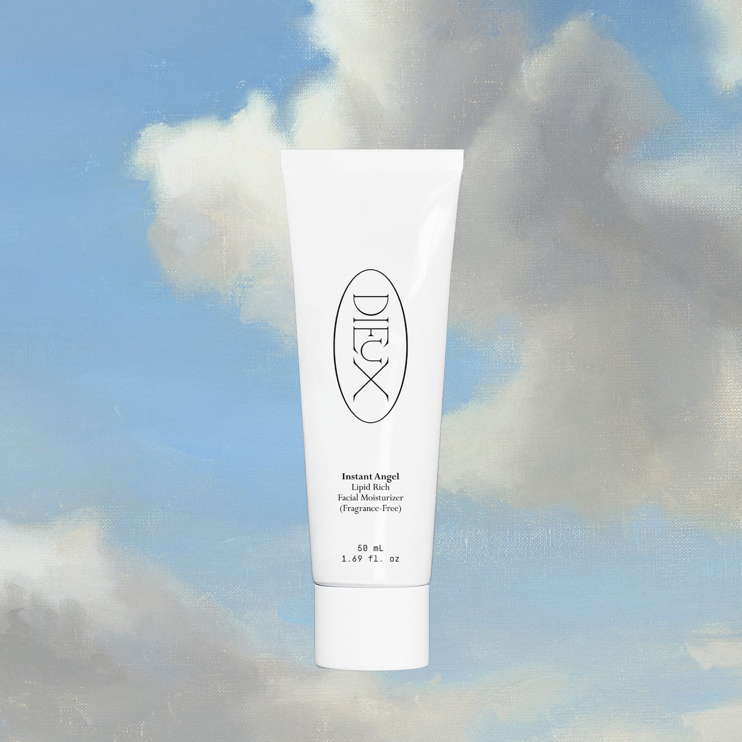 Dieux Instant Angel Firming Moisturizer 50ml size on a blue and white cloud background.