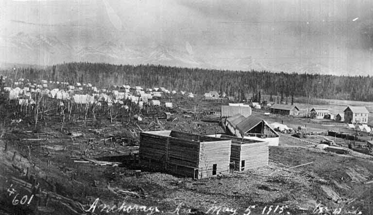 A tent city in the wilderness that would become Anchorage, Alaska.