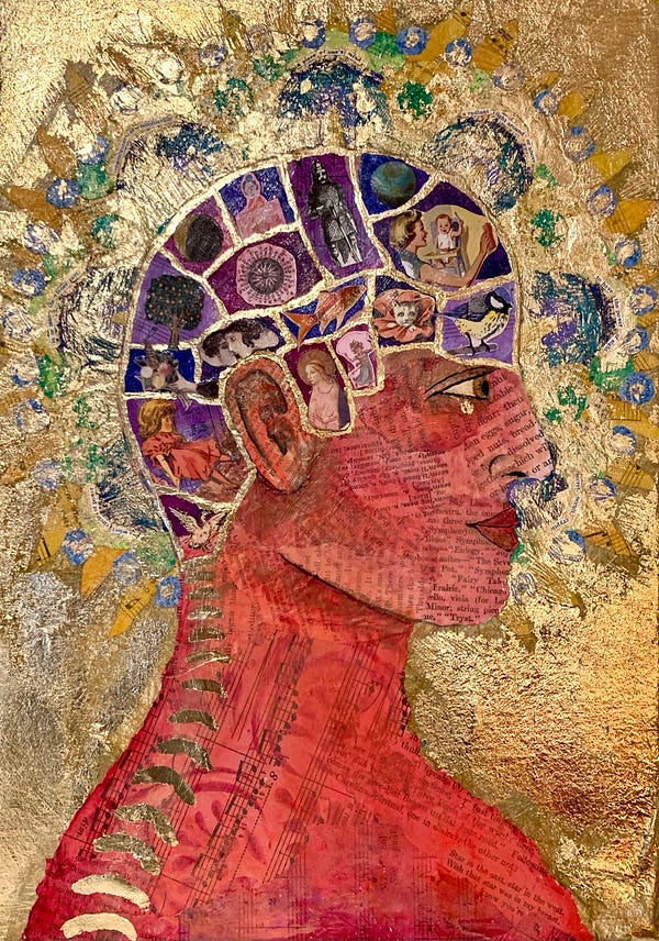 “Gold Mind” by Alison Cimmet
Against a gold leaf background, a red figure in profile looks off the canvas, their mind segmented into small caves containing shells, birds, statues, and other figures.