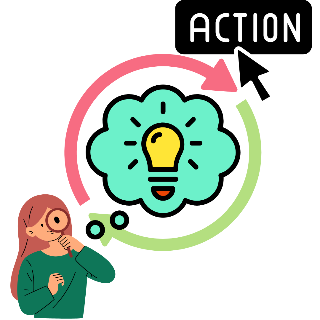 Graphic of a woman making an observation, having an idea, and putting into action as a loop. Graphic of a woman making an observation, having an idea, and putting into action as a loop.