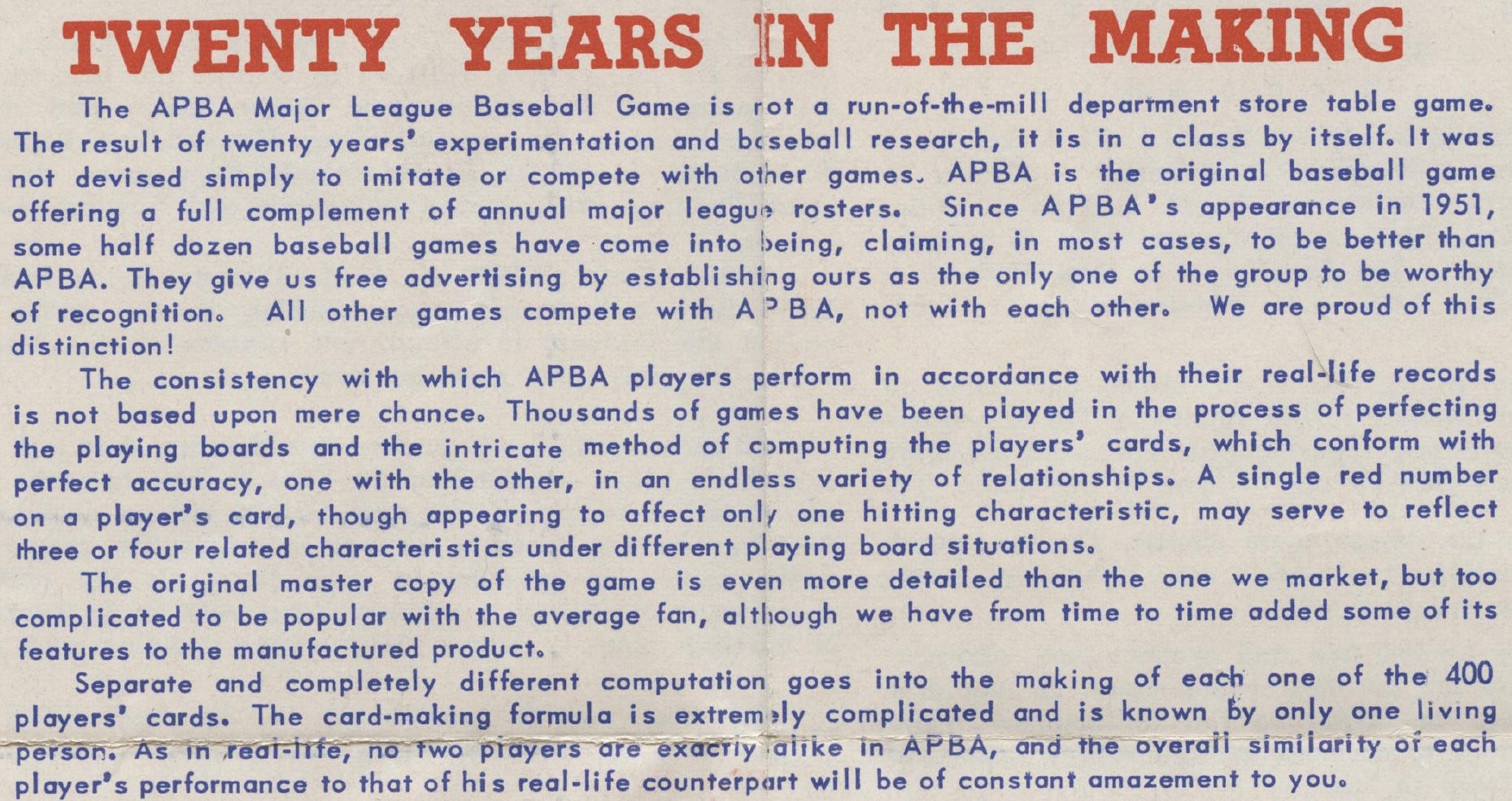 Origins of the APBA Baseball Master Game