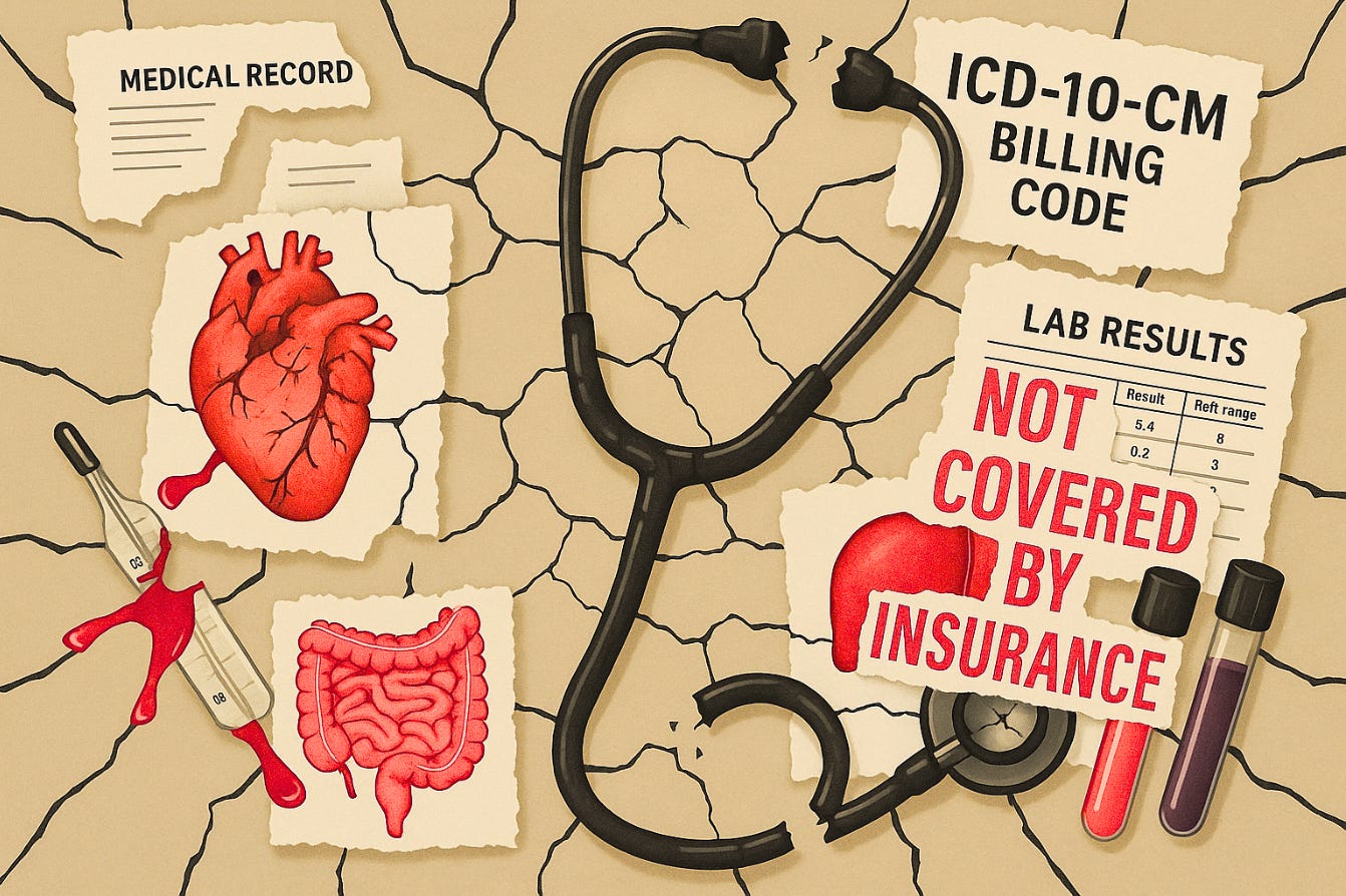 Image of a fragmented healthcare system with torn medical record, body parts, broken medical equipment, etc. 