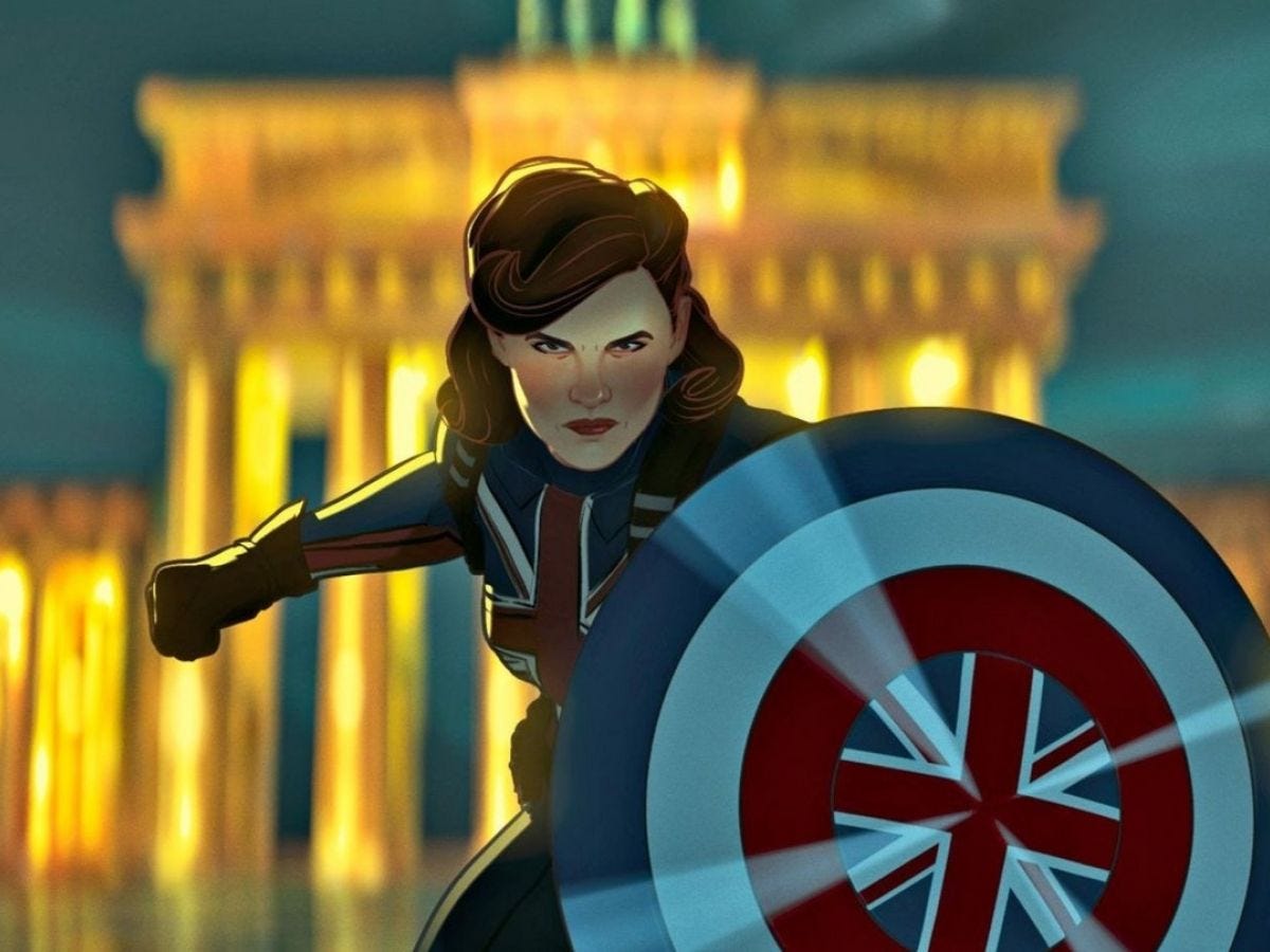 Animated Captain Carter charges forward with her Union Jack shield in front of Berlin’s Brandenburg Gate in Marvel’s What If…?