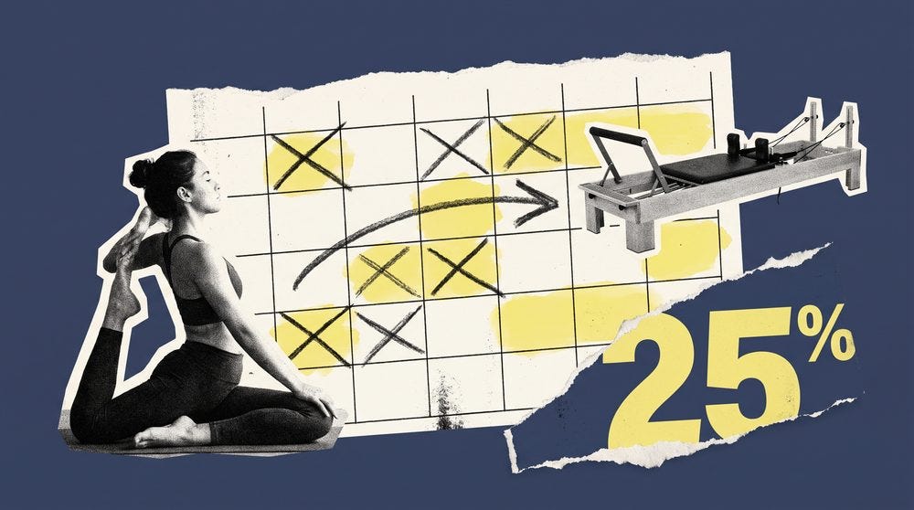 Editorial collage of a torn class schedule with yoga slots crossed out and reformer equipment cutouts filling the gaps Editorial collage of a torn class schedule with yoga slots crossed out and reformer equipment cutouts filling the gaps