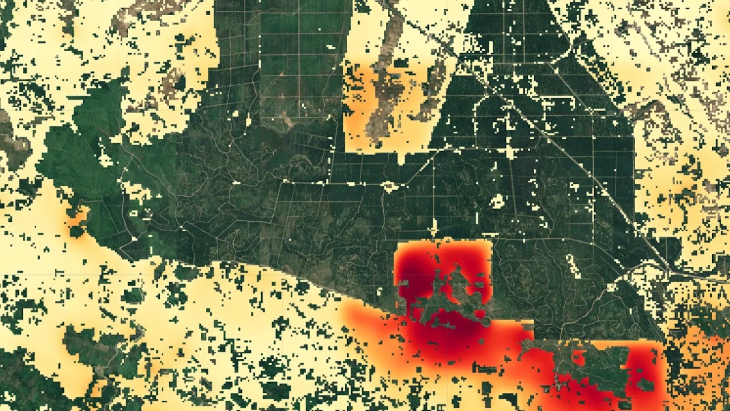 A map showing deforestation risk for a region in Southeast Asia in 2023, with green showing areas already deforested, and red indicating higher risk for deforestation. A map showing deforestation risk for a region in Southeast Asia in 2023, with green showing areas already deforested, and red indicating higher risk for deforestation.